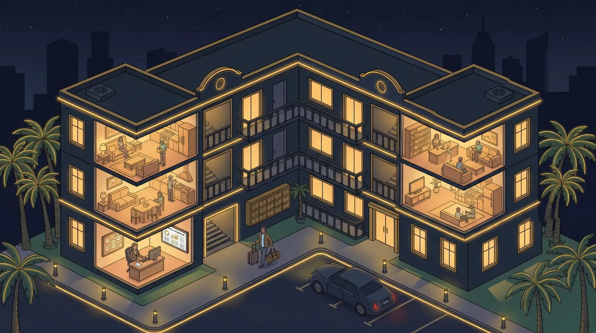 Ilustración de un edificio de apartamentos en alquiler