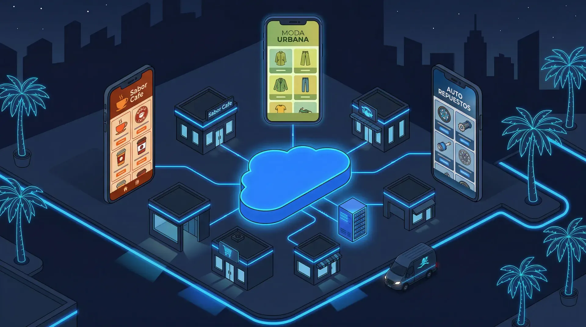 Ilustración de catálogos digitales en teléfonos conectados a una misma plataforma