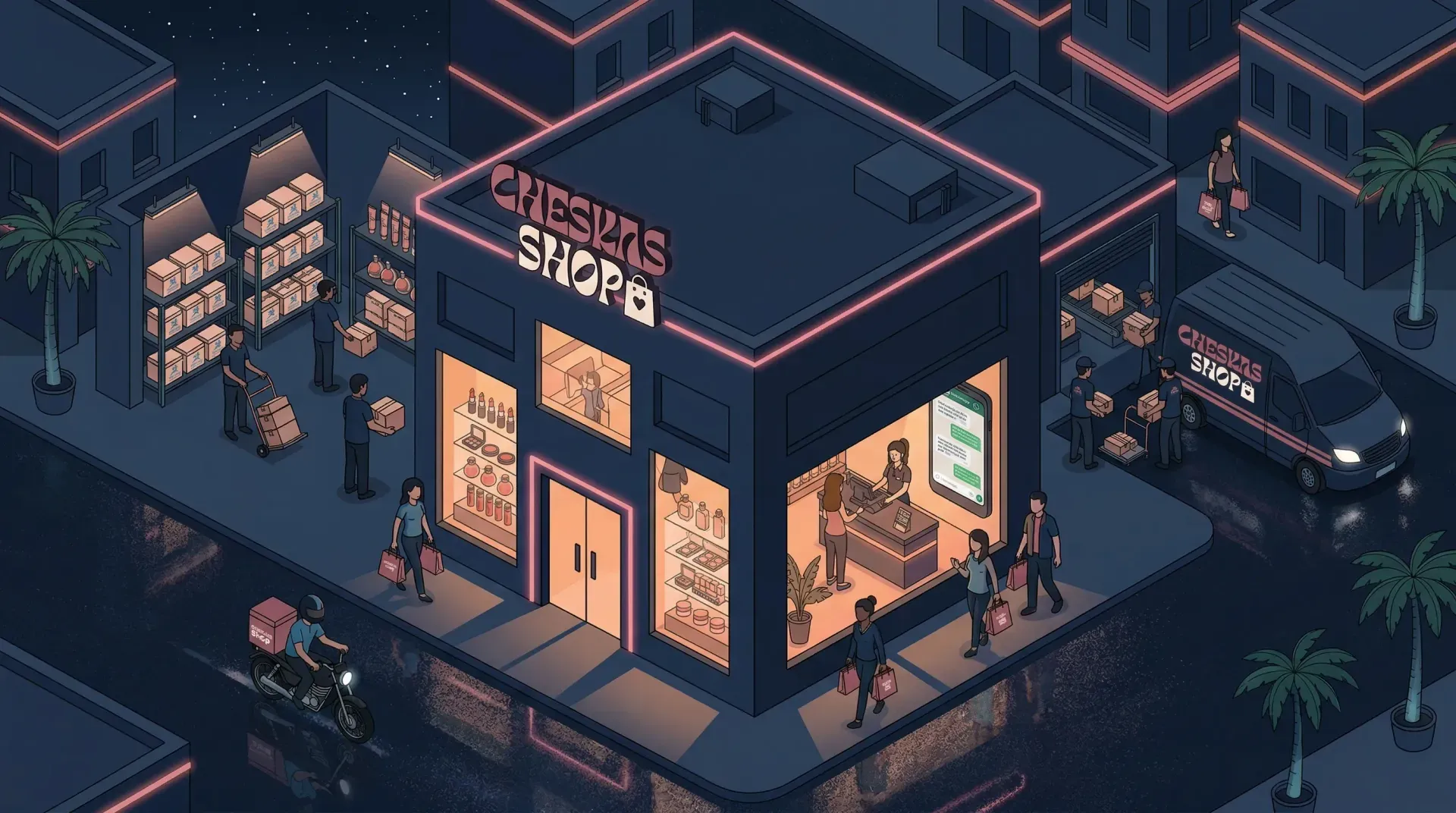 Ilustración de una tienda de belleza con venta en local y despacho de pedidos