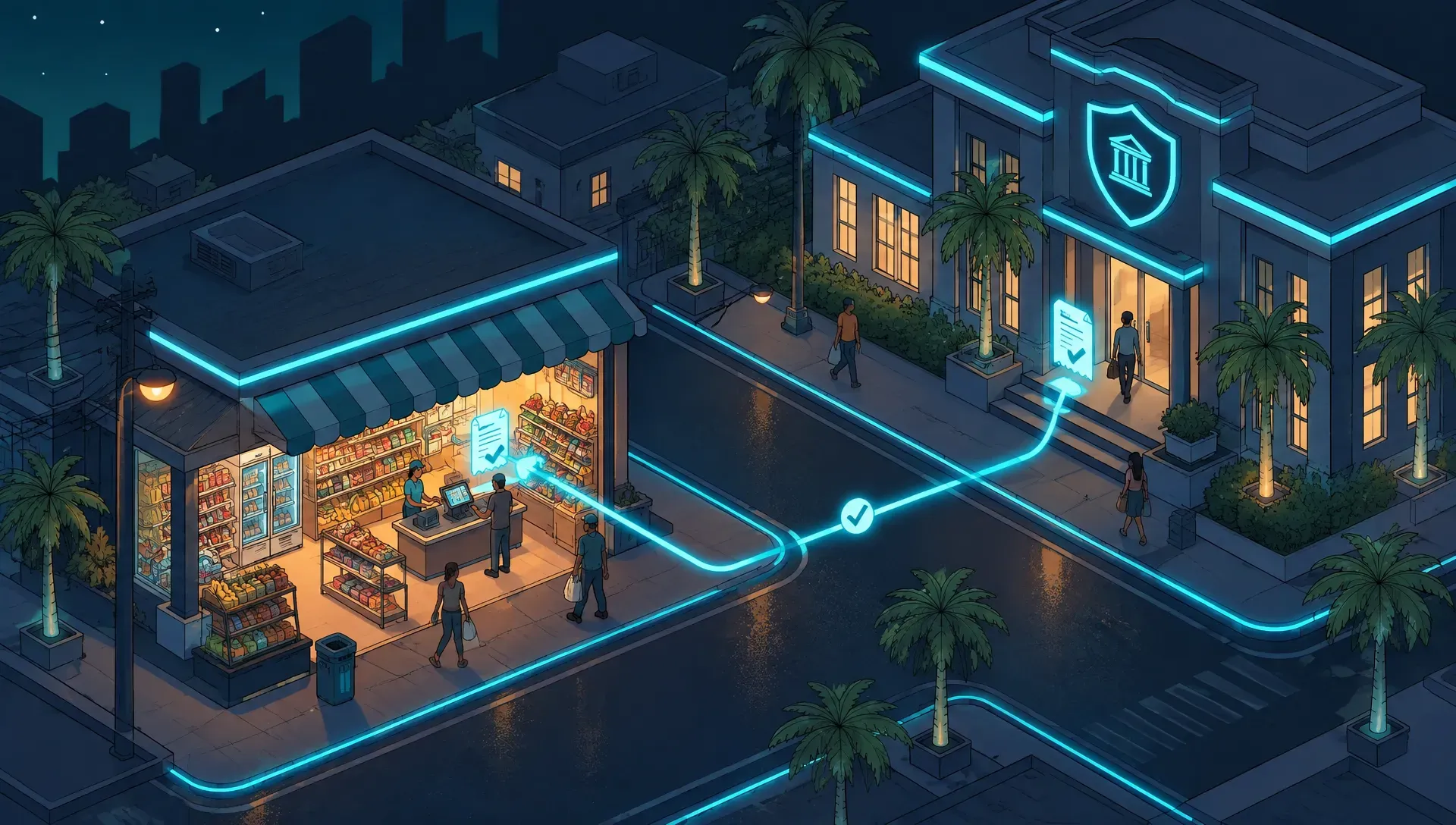 Ilustración de una factura que sale del punto de venta de una tienda hacia una oficina pública