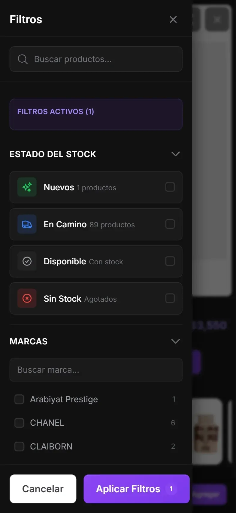 Filtros de NuevaLux por existencia, marca y búsqueda