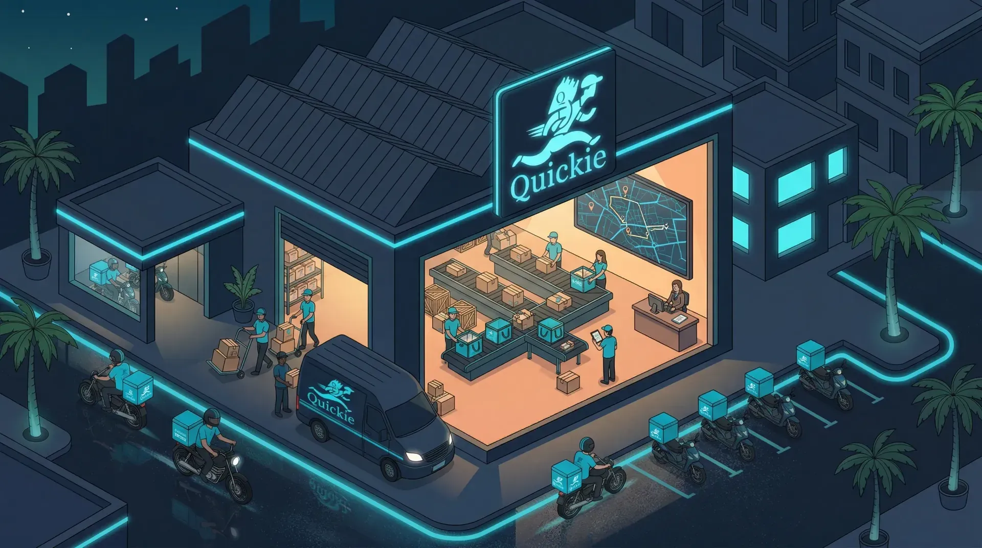 Ilustración de un centro de despacho con repartidores saliendo a entregar