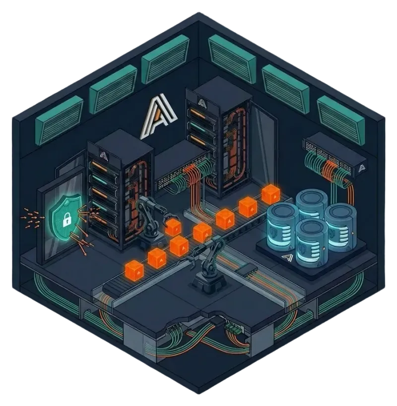 Ilustración de una sala de servidores con bases de datos y seguridad