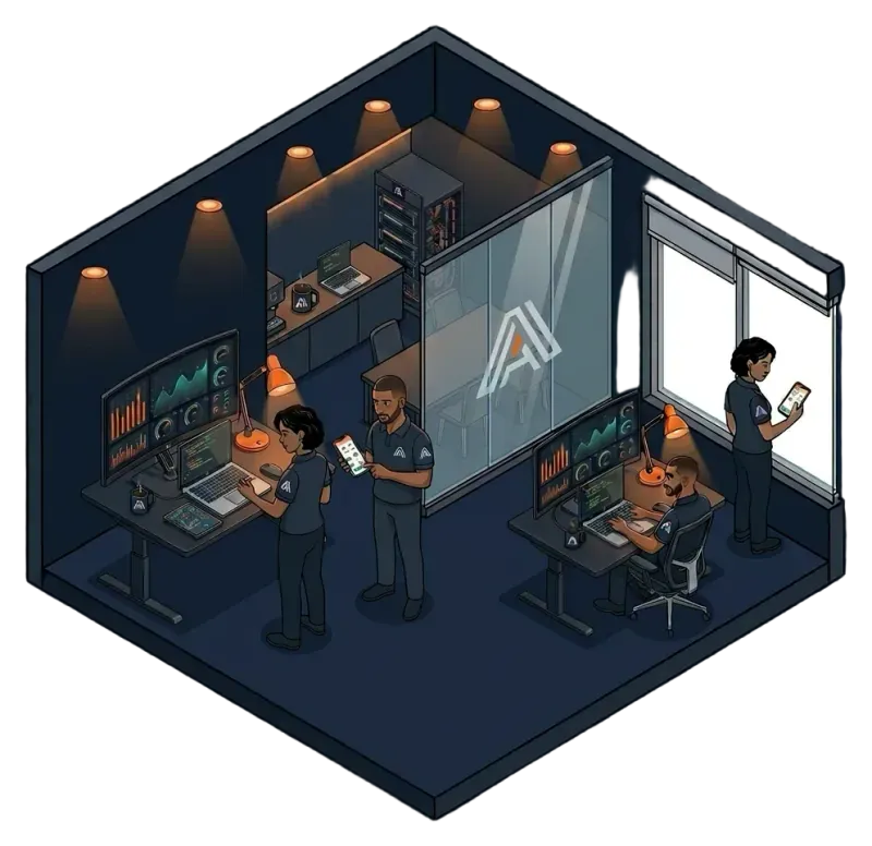 Ilustración de un equipo probando aplicaciones en el teléfono