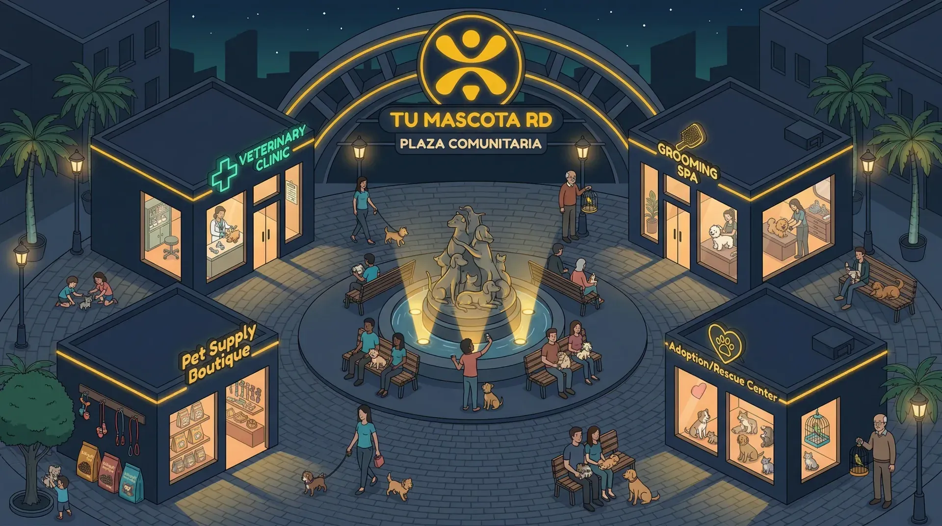 Ilustración de una plaza con negocios de servicios para mascotas