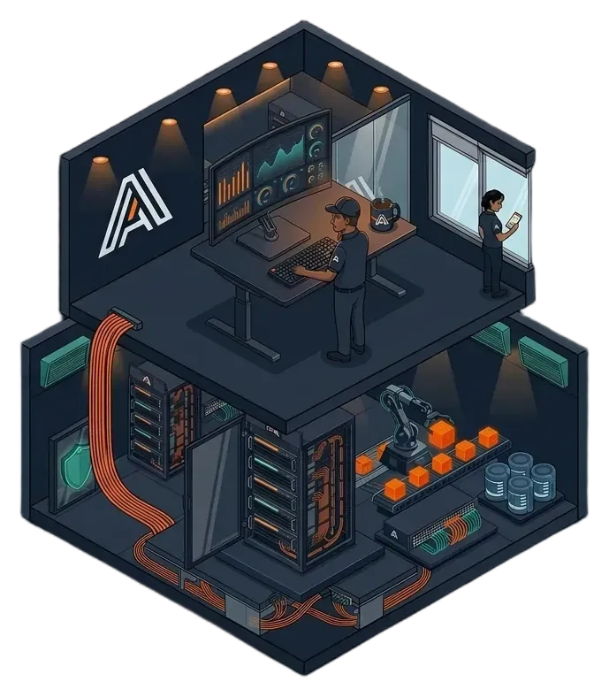 Ilustración de una oficina sobre la sala de servidores que sostiene sus sistemas