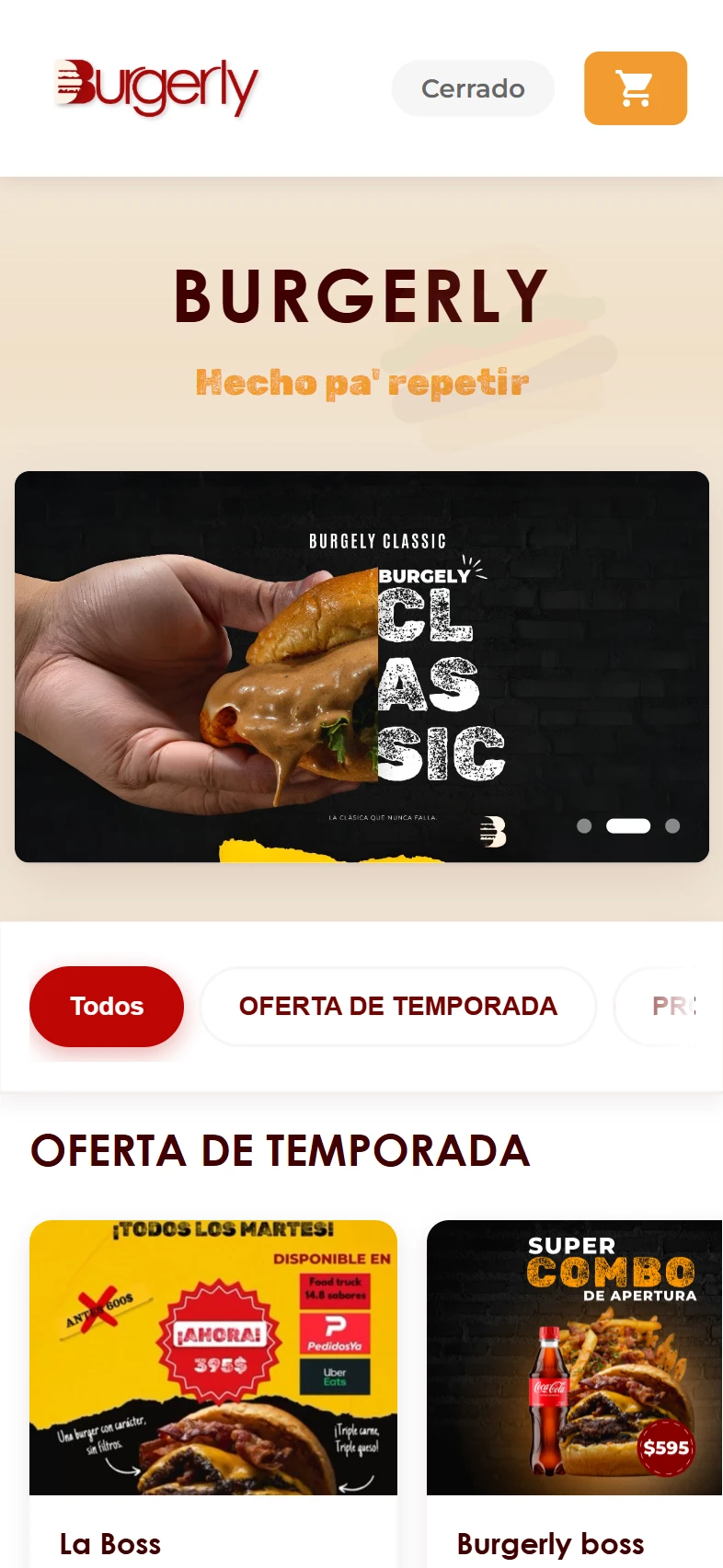 Burgerly — hero con banner y categorías del menú