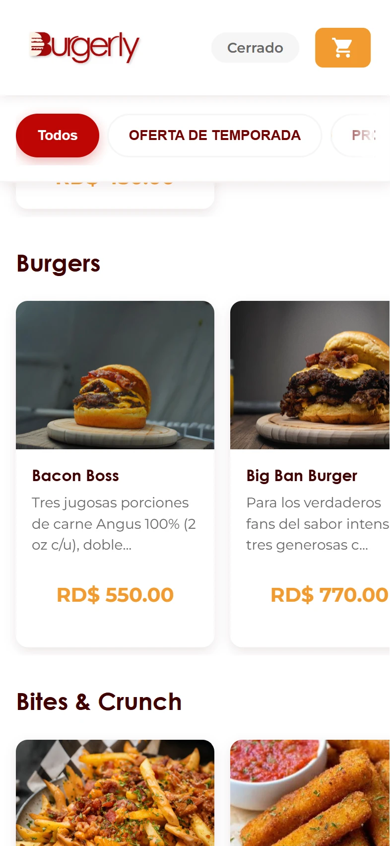 Burgerly — grid de productos y promos del día