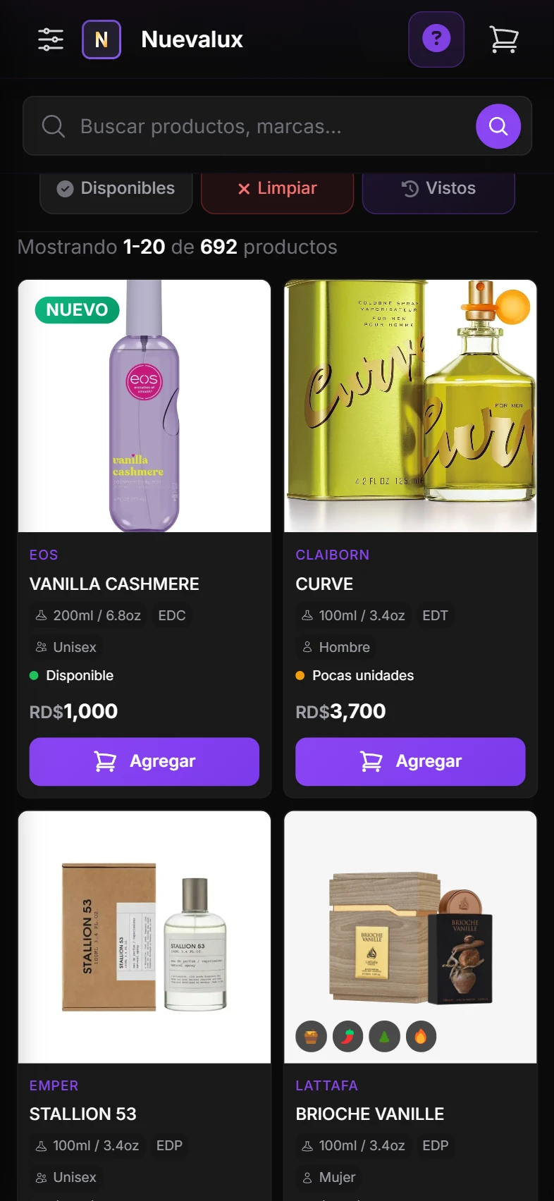 NuevaLux grid de productos con precios y estado de stock